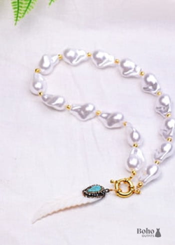 Boho Necklace, White Peal Sea Shell
